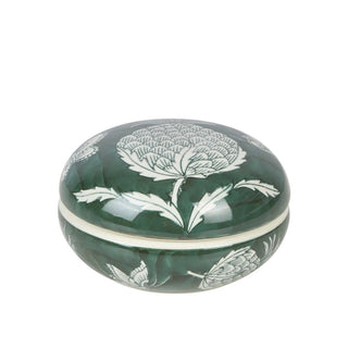 Thistle Trinket Round Bowl W Lid Green And White