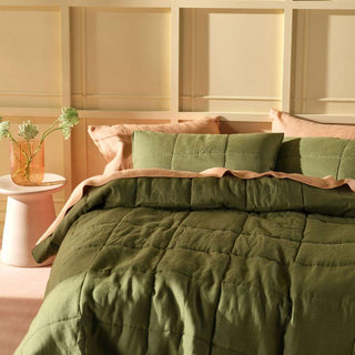 Nimes Moss Linen Quilted Coverlet by Linen House