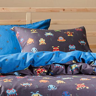 Space Invaders Navy Quilt Cover Set by Logan and Mason Kids